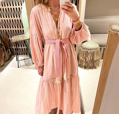 Linen V-neck Lace-up Maxi Dress