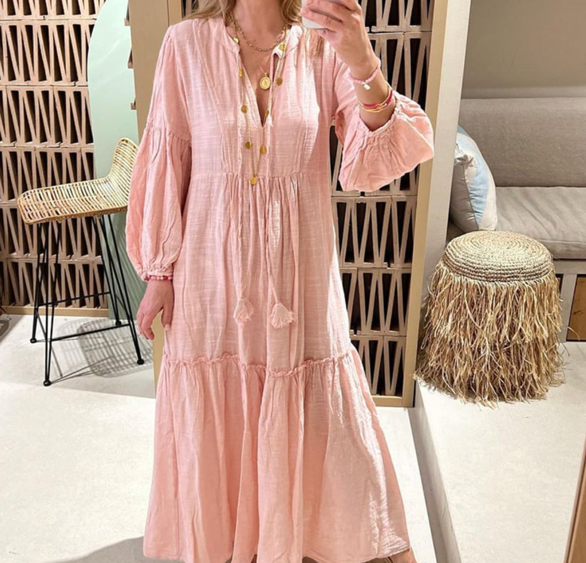 Linen V-neck Lace-up Maxi Dress